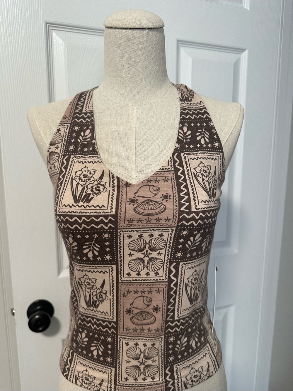 Brown Coastal Patterned Tank Top - Women's V-Neck Halter - NWT
